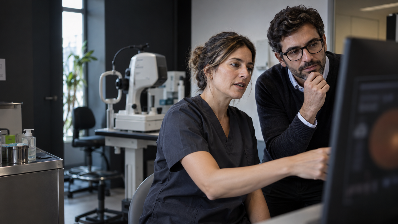 Equipo de salud revisando un informe de retinopatía en pantalla dentro de su propio sistema