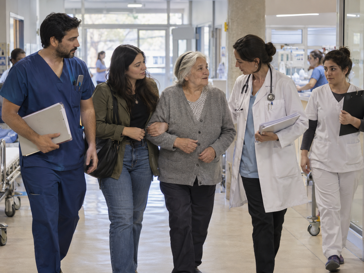 Equipo de salud acompañando a una paciente en un hospital público