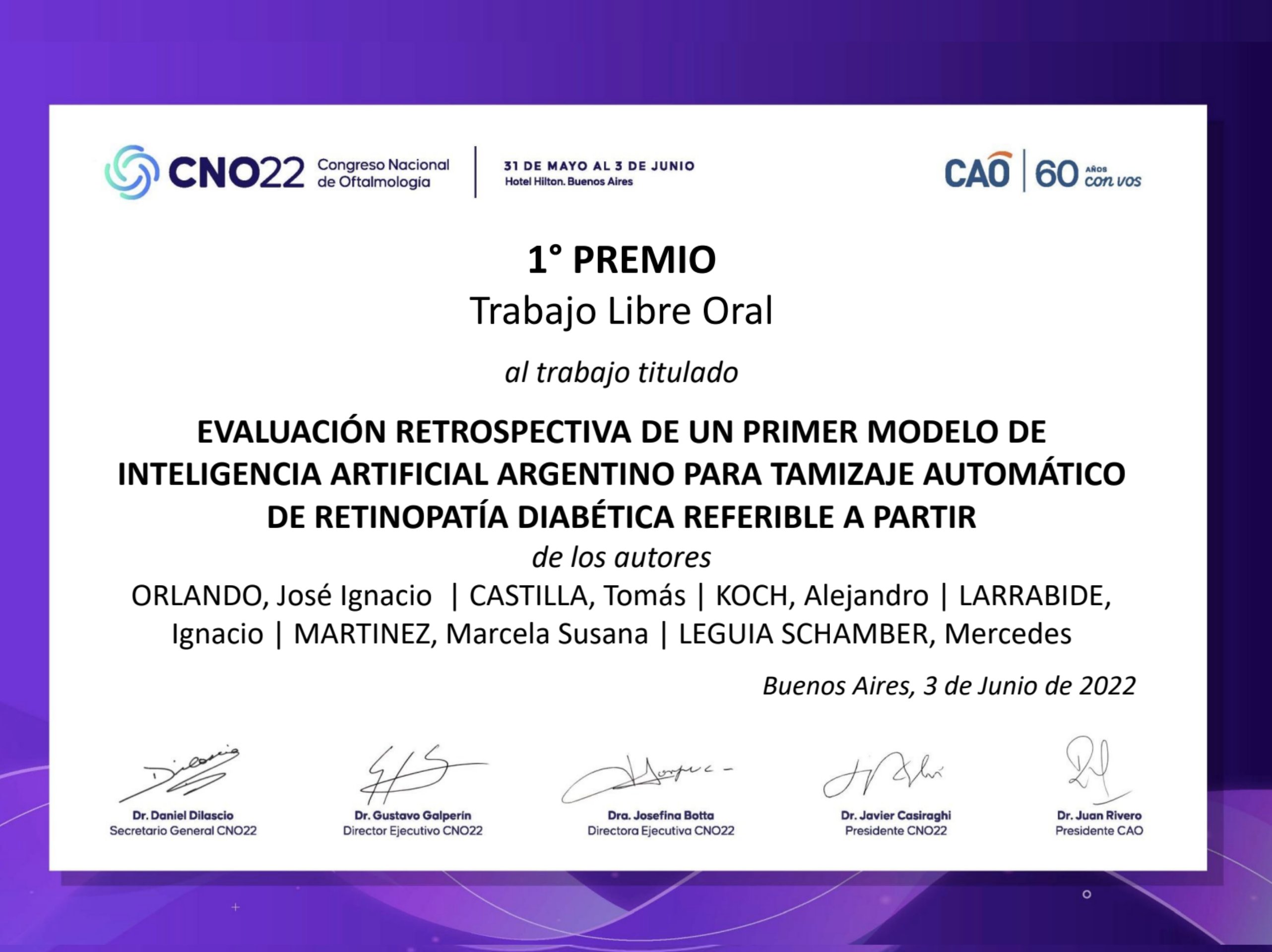 Award for Best Oral Presentation at CNO 2022
